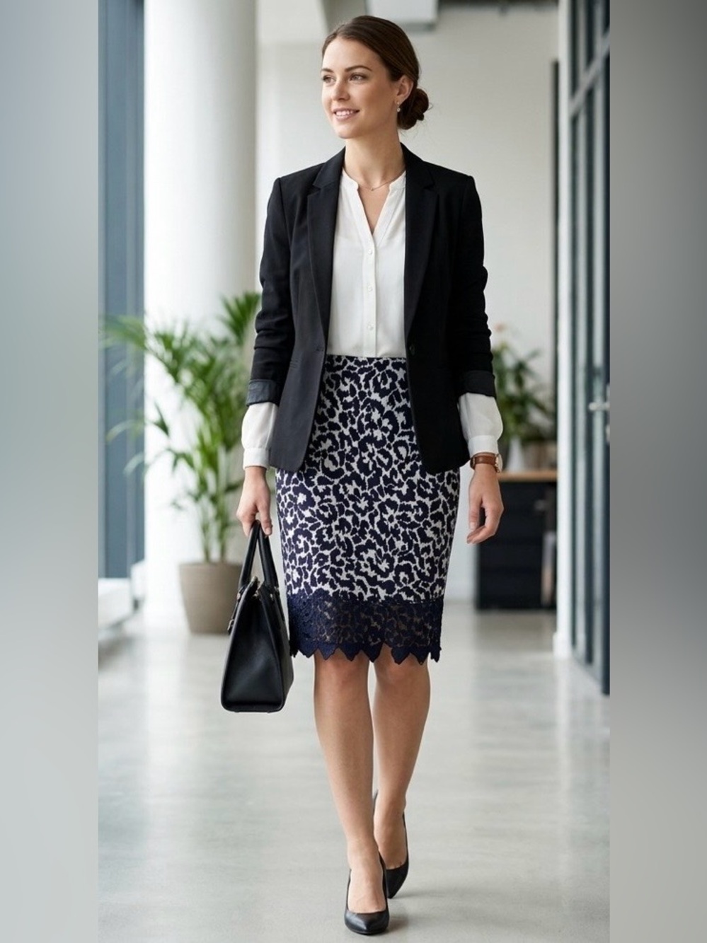 Anne Klein Black and White Lace-Hem Printed Pencil Skirt